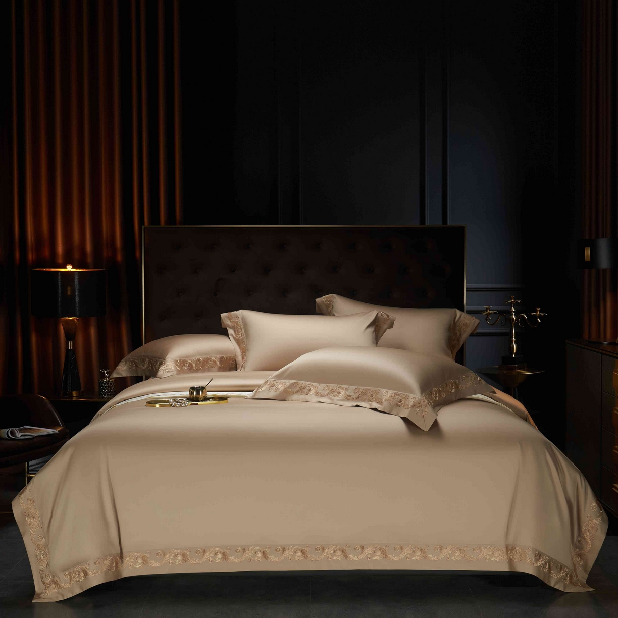 91家纺网 家纺一手货源 找家纺 缔缦 2025新款高端定织面料S140长绒棉精梳棉重磅刺绣四件套罗莎系列 卡其