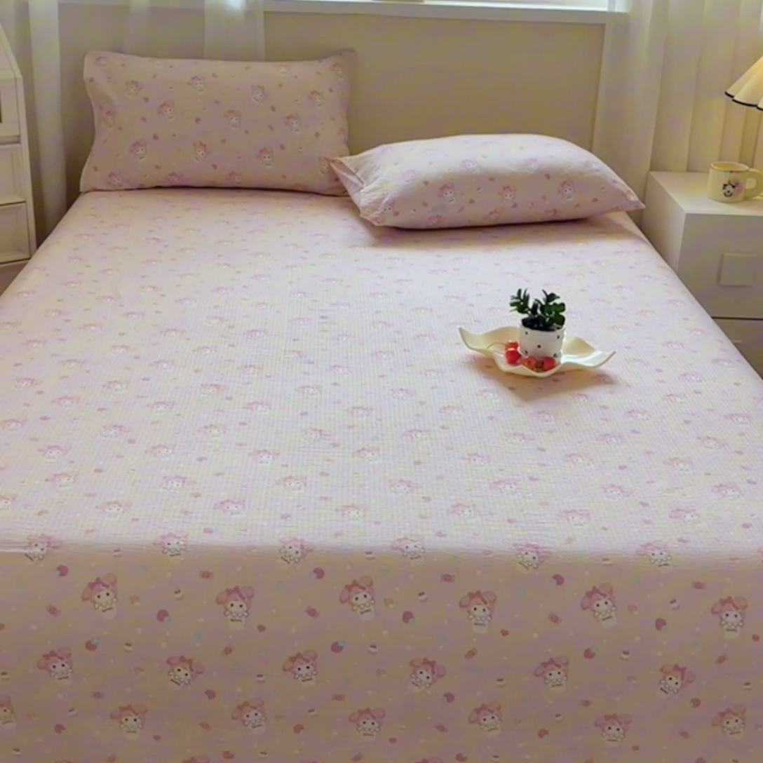 91家纺网 家纺一手货源 找家纺 优米家纺 2025新款ins小清新双层纱印花床单 梦回花海