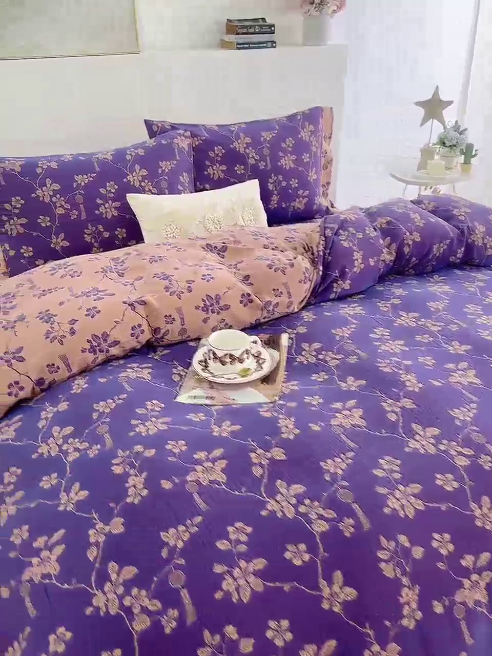 91家纺网 家纺一手货源 找家纺 鲁爱家纺供货 2025新款全棉色织双层纱纽扣四件套 春晖-紫罗兰