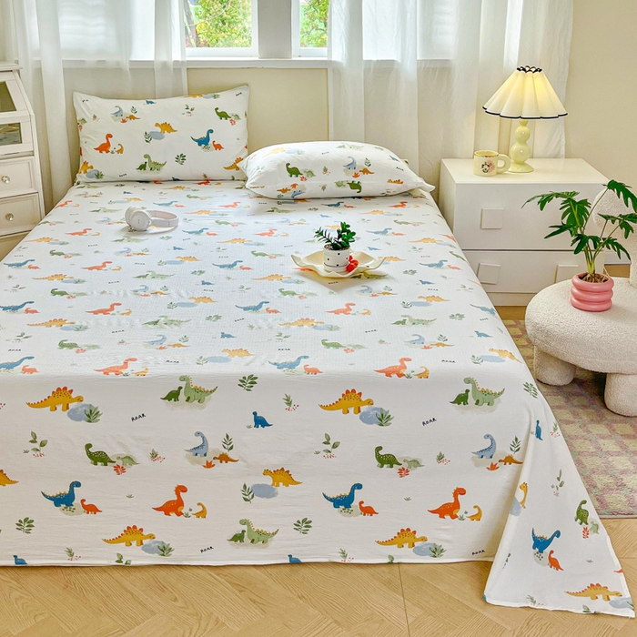 91家纺网 家纺一手货源 找家纺 优米家纺 2025新款ins小清新双层纱印花床单 恐龙乐园