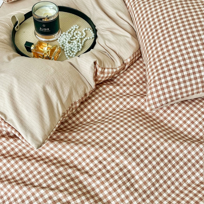 91家纺网 家纺一手货源 找家纺 优米家纺 2025新款色织双层纱木棉四件套 卡其小格