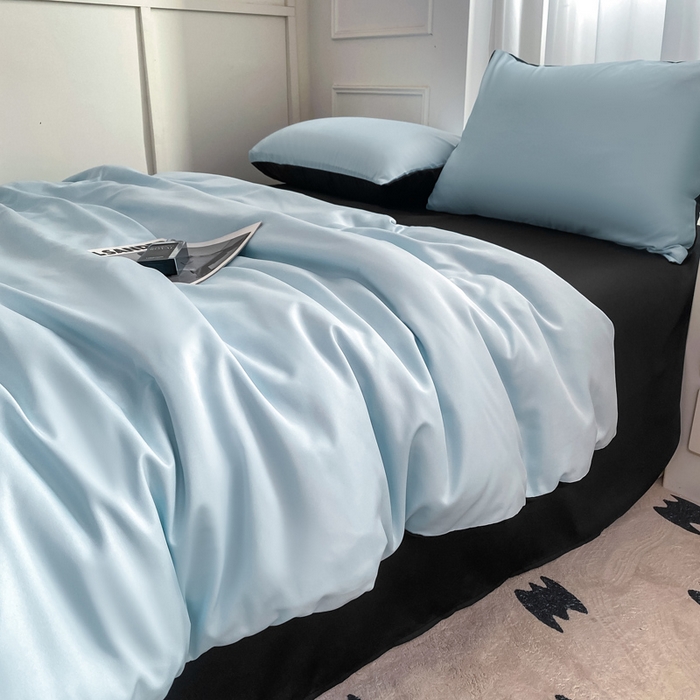 91家纺网 家纺一手货源 找家纺 乐沐家纺 2024新款夏季水洗冰丝四件套水洗真丝纯色双拼单被套-风格二 天蓝墨黑