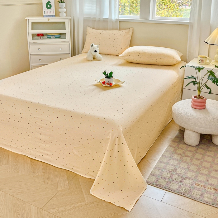 91家纺网 家纺一手货源 找家纺 优米家纺 2025新款ins小清新双层纱印花床单 五彩点点