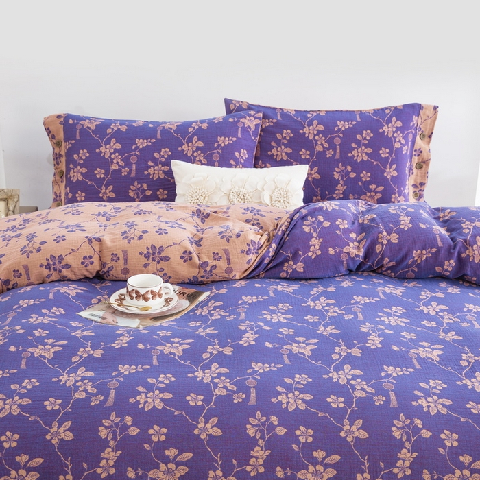 91家纺网 家纺一手货源 找家纺 鲁爱家纺供货 2025新款全棉色织双层纱纽扣四件套 春晖-紫罗兰