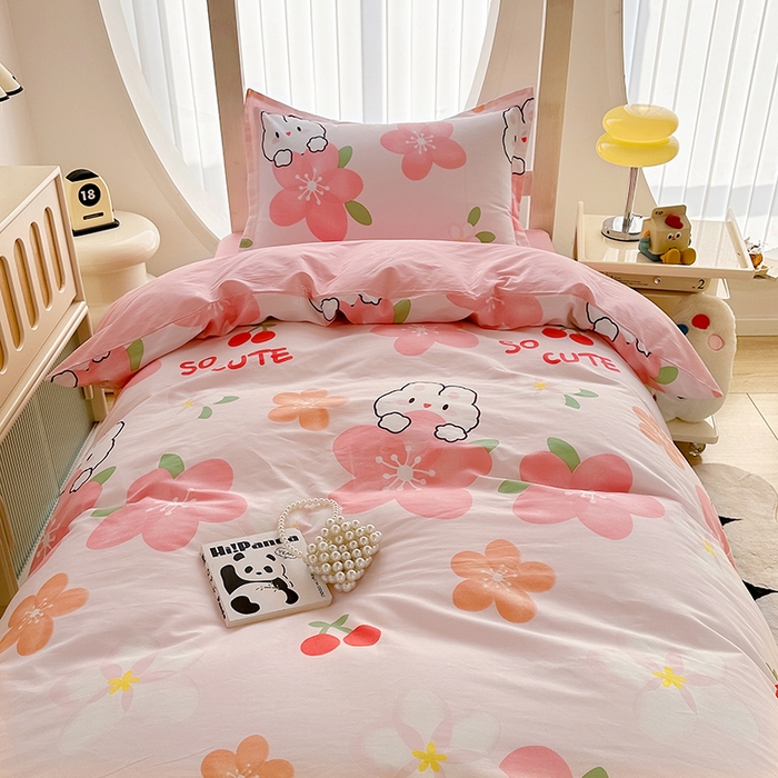 91家纺网 家纺一手货源 找家纺 卡普二店 2024新款爆款加厚卡通小清新全棉纯棉学生宿舍三件套床笠隔天可拿 花田小兔