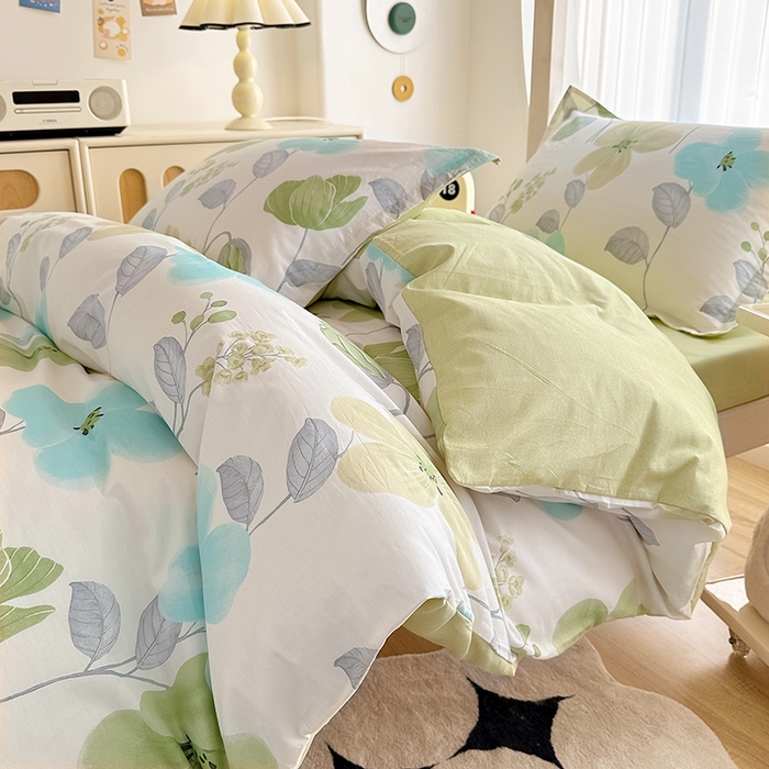 91家纺网 家纺一手货源 找家纺 卡普 2025新款爆款加厚卡通小清新全棉纯棉学生宿舍三件套床笠隔天可拿花汀叶妤