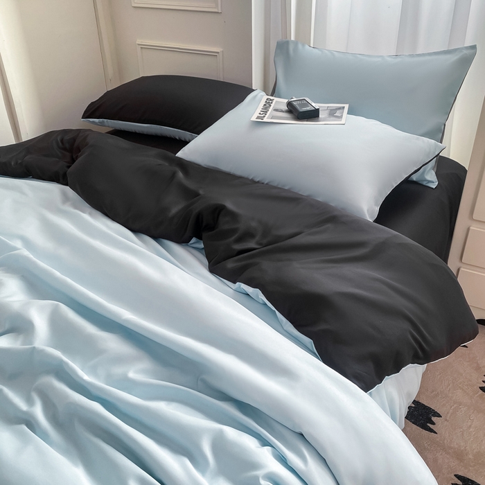 91家纺网 家纺一手货源 找家纺 乐沐家纺 2024新款夏季水洗冰丝四件套水洗真丝纯色双拼单被套-风格二 天蓝墨黑