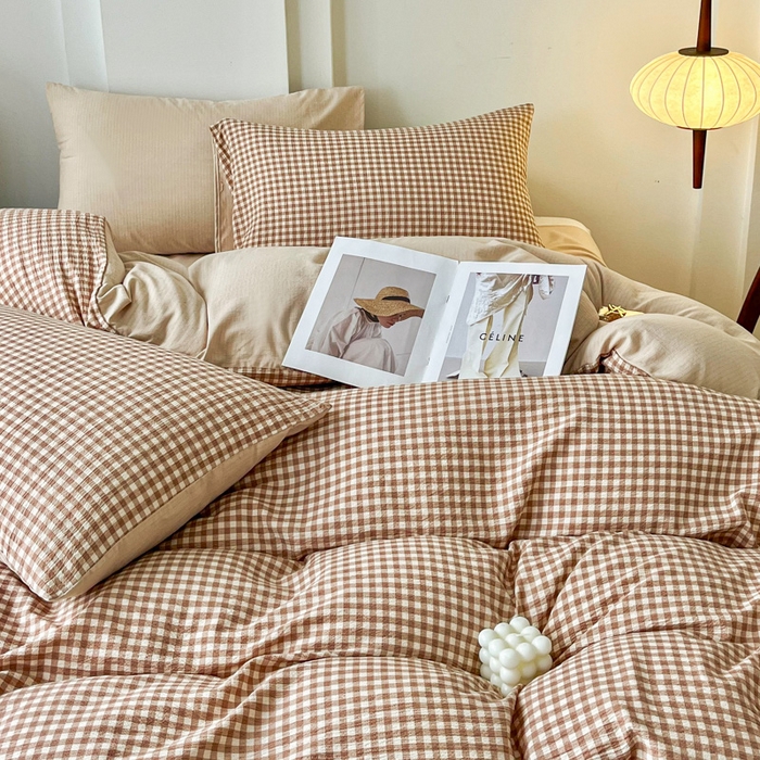 91家纺网 家纺一手货源 找家纺 优米家纺 2025新款色织双层纱木棉四件套 卡其小格