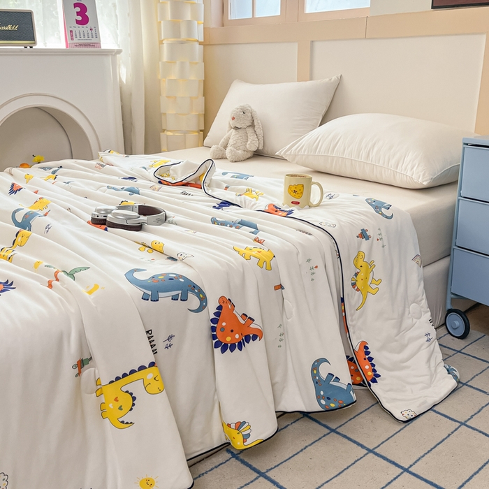 91家纺网 家纺一手货源 找家纺 龙图家纺 2025新款A类母婴针织棉夏被印花卡通凉感丝夏凉被空调被 恐龙乐园