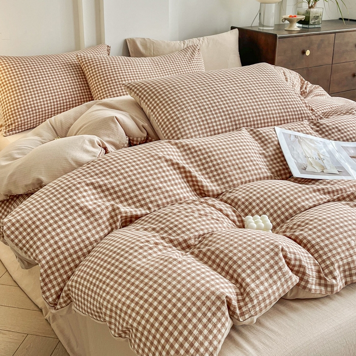 91家纺网 家纺一手货源 找家纺 优米家纺 2025新款色织双层纱木棉四件套 卡其小格