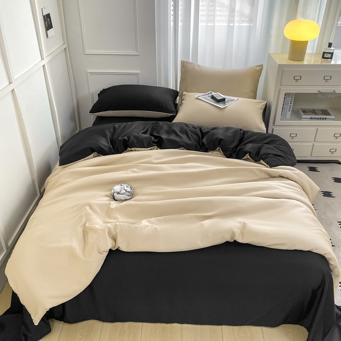 91家纺网 家纺一手货源 找家纺 乐沐家纺 2024新款夏季水洗冰丝四件套水洗真丝纯色双拼单被套-风格二 奶茶墨黑