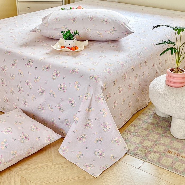 91家纺网 家纺一手货源 找家纺 优米家纺 2025新款ins小清新双层纱印花床单 罗曼花园