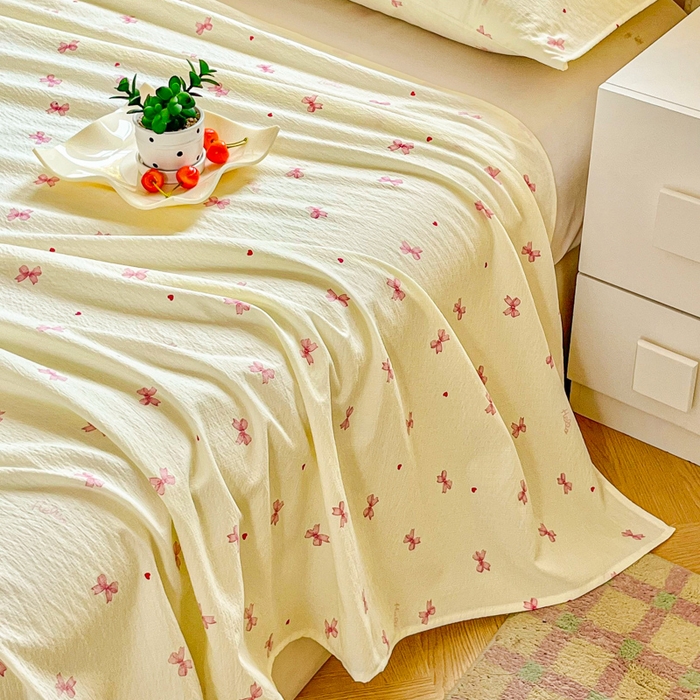 91家纺网 家纺一手货源 找家纺 优米家纺 2025新款ins小清新双层纱印花床单 蝴蝶结