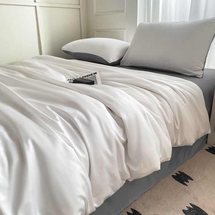 91家纺网 家纺一手货源 找家纺 乐沐家纺 2024新款夏季水洗冰丝四件套水洗真丝纯色双拼单被套-风格二 魔法灰白