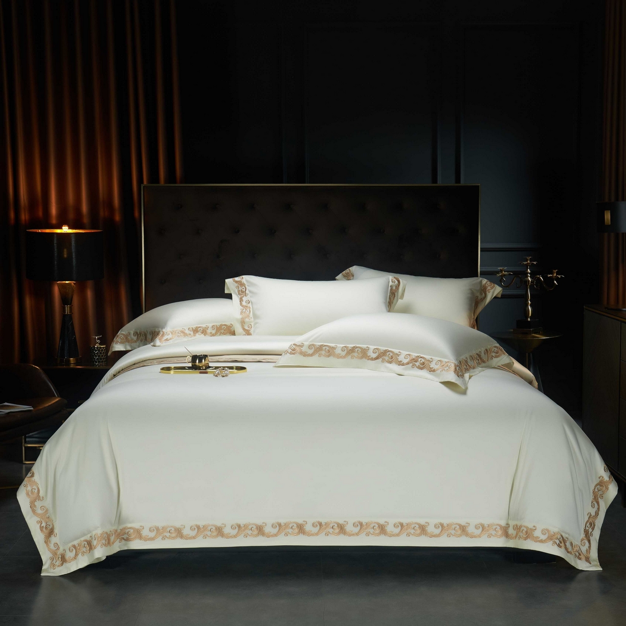 91家纺网 家纺一手货源 找家纺 缔缦 2025新款高端定织面料S140长绒棉精梳棉重磅刺绣四件套罗莎系列 贵族白