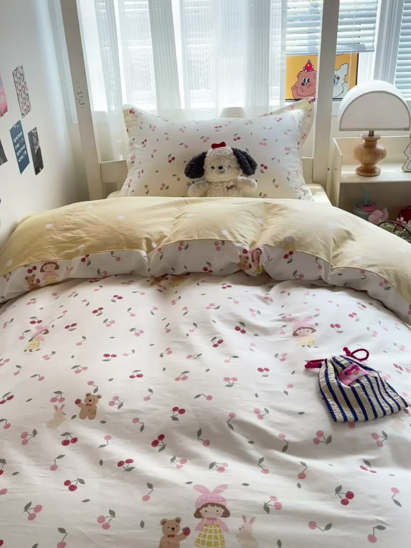 91家纺网 家纺一手货源 找家纺 卡普二店 2024新款爆款加厚卡通小清新全棉纯棉学生宿舍三件套床笠隔天可拿 花季少女