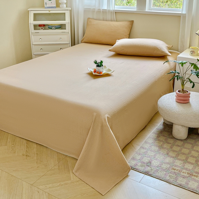 91家纺网 家纺一手货源 找家纺 优米家纺 2025新款ins小清新双层纱印花床单 焦糖