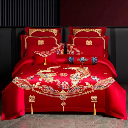 振翼家纺婚庆专供 2025新款全棉长绒棉婚庆精致绣花四件套 龙凤添喜