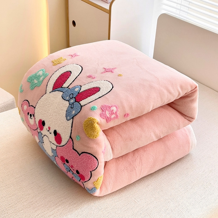 91家纺网 家纺一手货源 找家纺 梵赫 2025新款牛奶绒毛巾绣儿童幼儿园被套被芯组合 玩偶兔兔