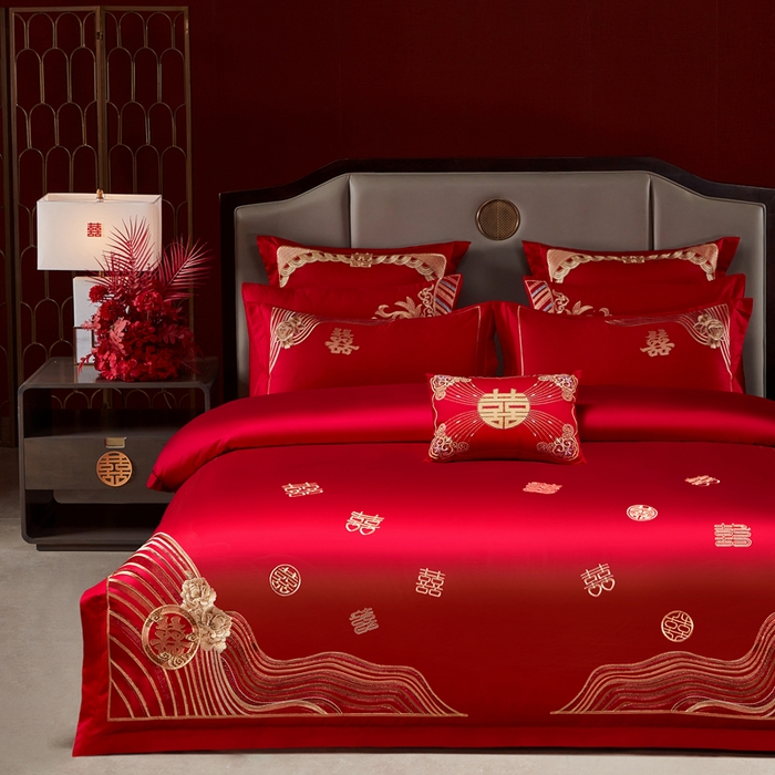 91家纺网 家纺一手货源 找家纺 振翼家纺婚庆专供 2025新款全棉长绒棉婚庆精致绣花四件套 喜相连金