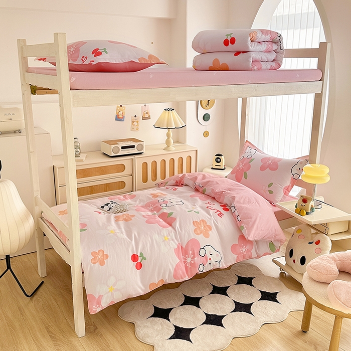 91家纺网 家纺一手货源 找家纺 卡普二店 2024新款爆款加厚卡通小清新全棉纯棉学生宿舍三件套床笠隔天可拿 花田小兔