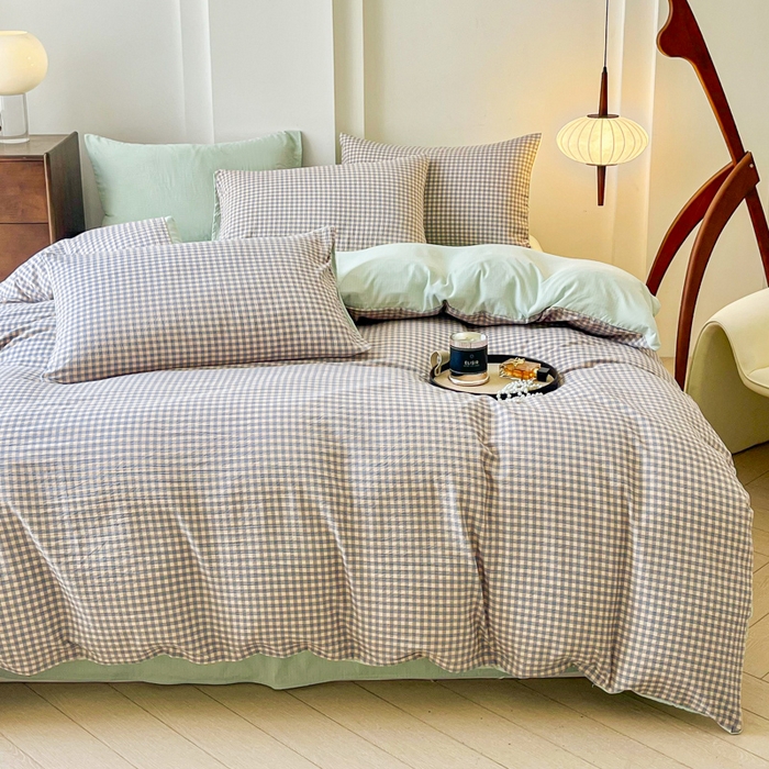 91家纺网 家纺一手货源 找家纺 优米家纺 2025新款色织双层纱木棉四件套 雾霾蓝+香草绿