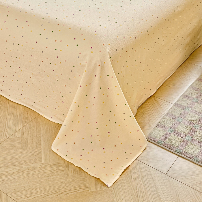 91家纺网 家纺一手货源 找家纺 优米家纺 2025新款ins小清新双层纱印花床单 五彩点点