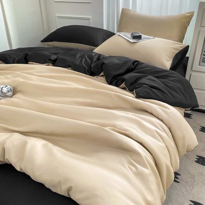 91家纺网 家纺一手货源 找家纺 乐沐家纺 2024新款夏季水洗冰丝四件套水洗真丝纯色双拼单被套-风格二 奶茶墨黑