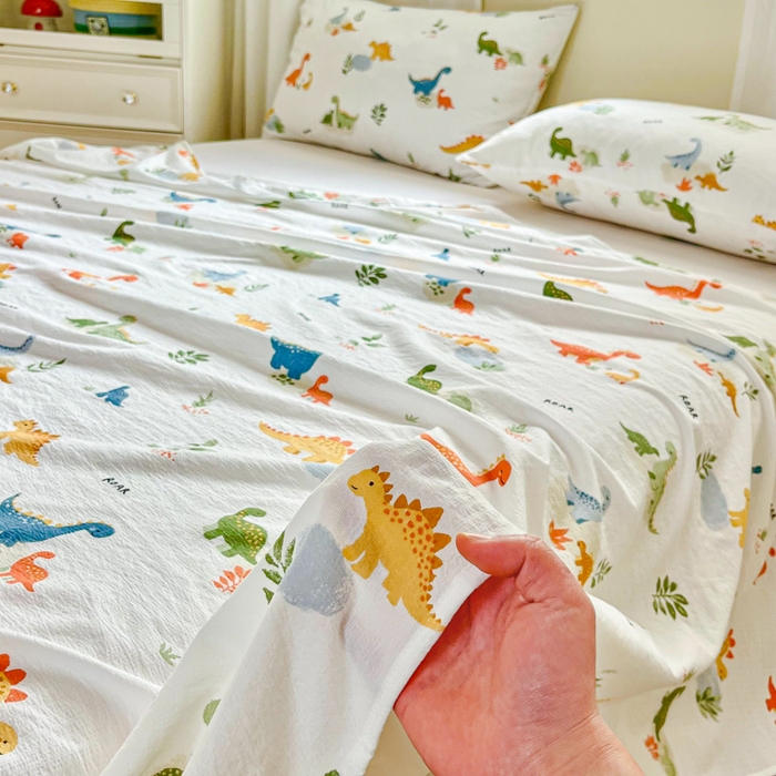 91家纺网 家纺一手货源 找家纺 优米家纺 2025新款ins小清新双层纱印花床单 恐龙乐园