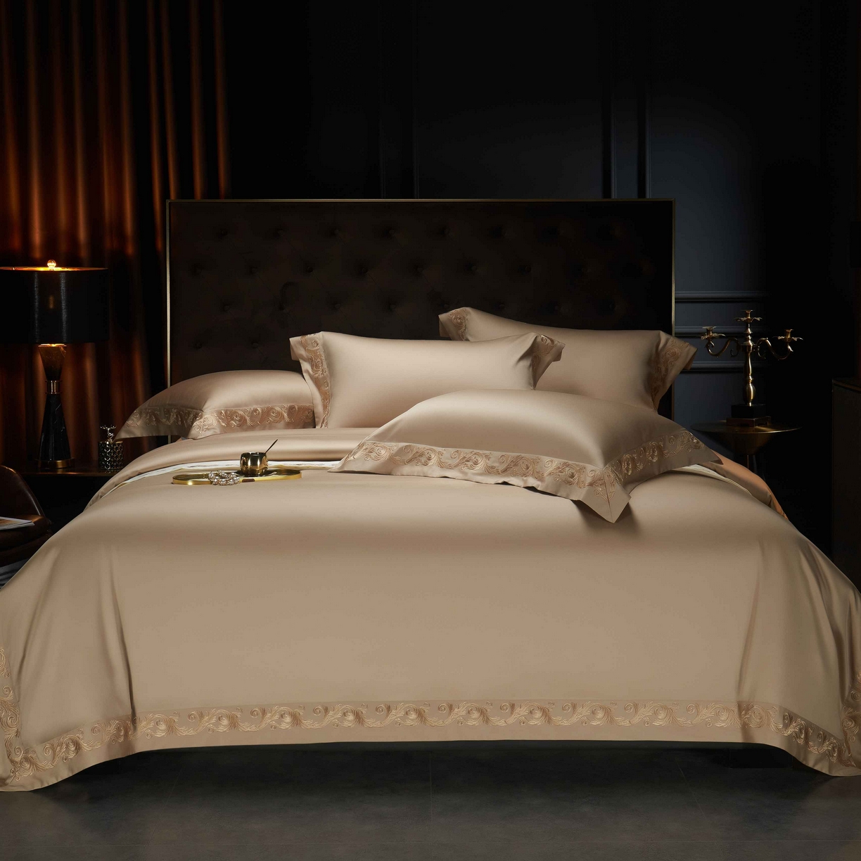 91家纺网 家纺一手货源 找家纺 缔缦 2025新款高端定织面料S140长绒棉精梳棉重磅刺绣四件套罗莎系列 卡其