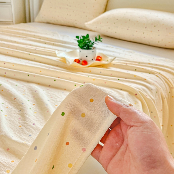 91家纺网 家纺一手货源 找家纺 优米家纺 2025新款ins小清新双层纱印花床单 五彩点点