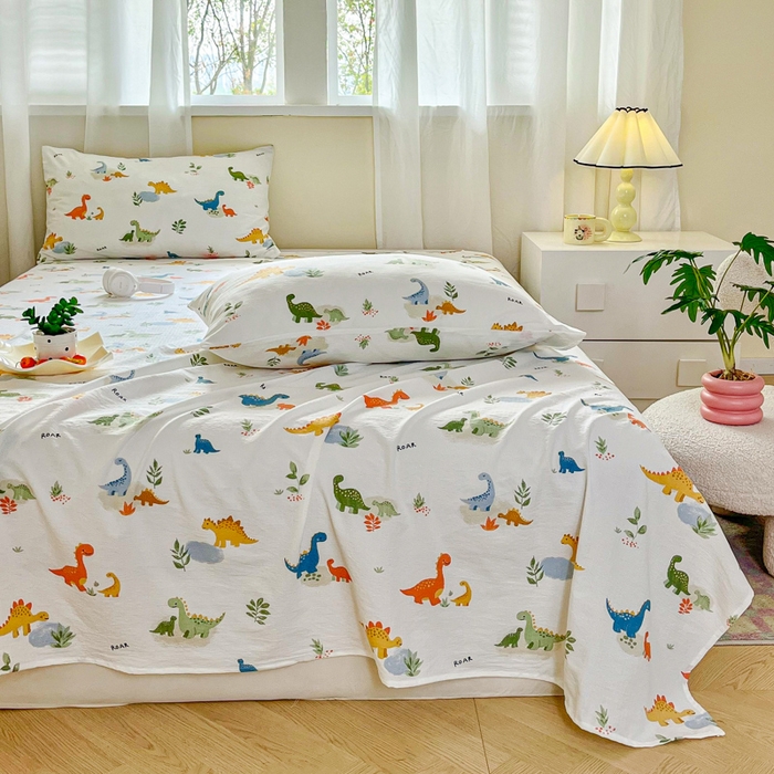 91家纺网 家纺一手货源 找家纺 优米家纺 2025新款ins小清新双层纱印花床单 恐龙乐园