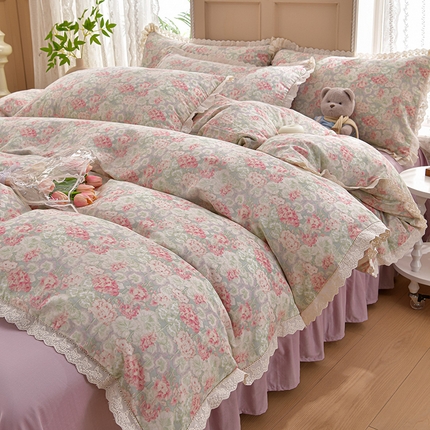 91家纺网 家纺一手货源 找家纺 （总）绘萱家居 2025新款100%全棉双层纱花边床裙款四件套