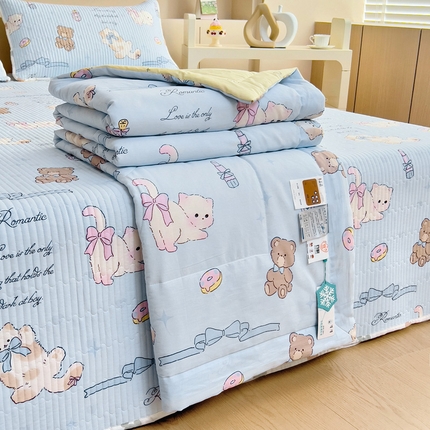 亿莱鑫 2025新款全棉水洗夏凉被 空调被 被子夏被四件套床盖款 奶油阿布-蓝