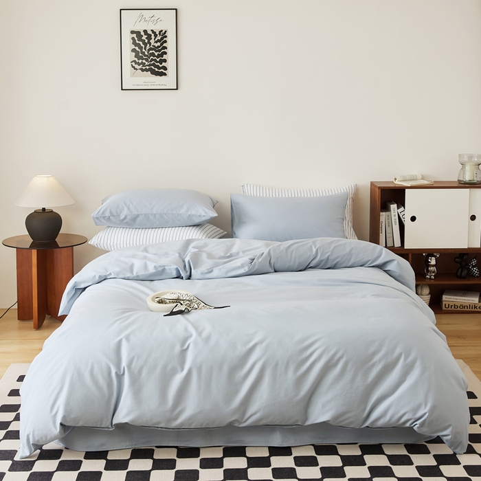 91家纺网 家纺一手货源 找家纺 EH家居 2025新款春夏40支全棉斜纹四件套-半糖主义系列 半糖-周日蓝