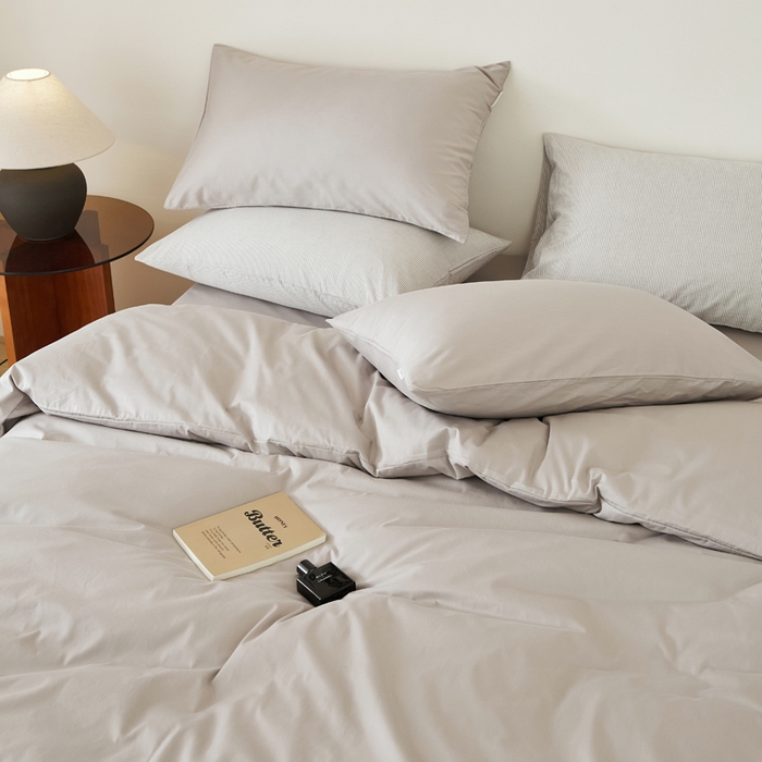 91家纺网 家纺一手货源 找家纺 EH家居 2025新款春夏40支全棉斜纹四件套-半糖主义系列 半糖-浅灰