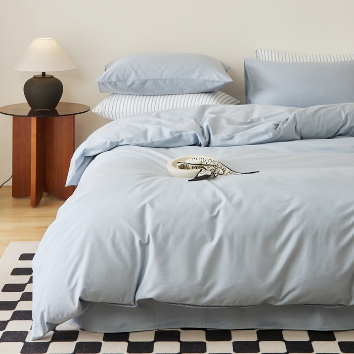 91家纺网 家纺一手货源 找家纺 EH家居 2025新款春夏40支全棉斜纹四件套-半糖主义系列 半糖-周日蓝