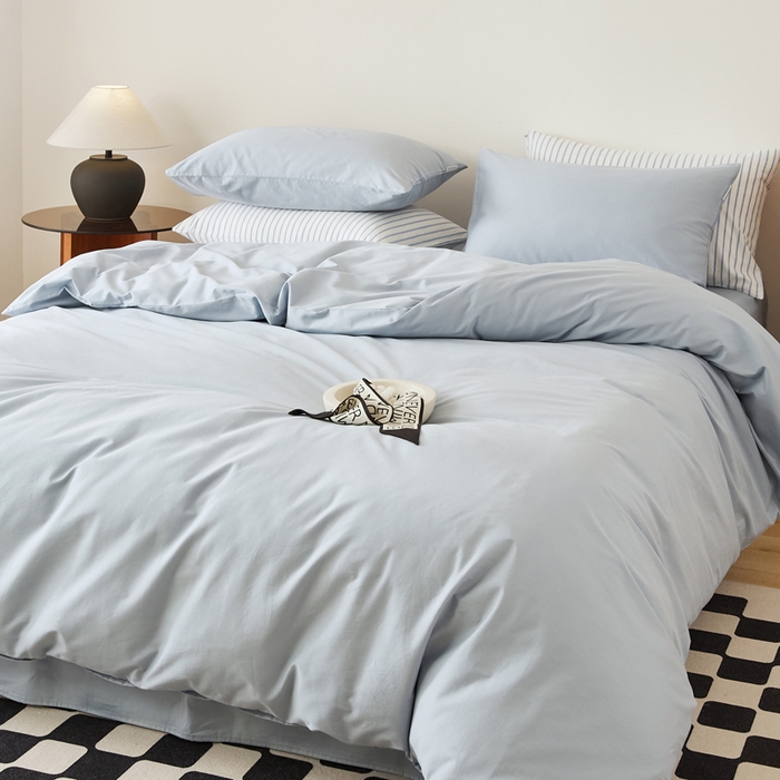 91家纺网 家纺一手货源 找家纺 EH家居 2025新款春夏40支全棉斜纹四件套-半糖主义系列 半糖-周日蓝