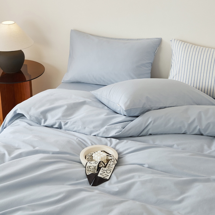 91家纺网 家纺一手货源 找家纺 EH家居 2025新款春夏40支全棉斜纹四件套-半糖主义系列 半糖-周日蓝