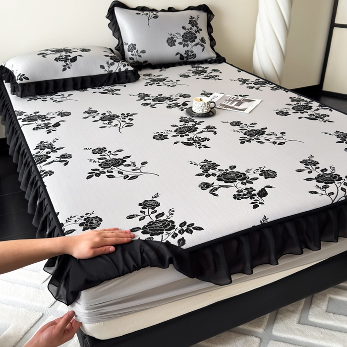 91家纺网 家纺一手货源 找家纺 （总）九花鹿 2025新款A类法式赫本风PE凉感提花冰丝凉席-床笠款