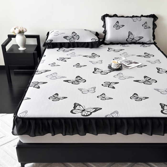 91家纺网 家纺一手货源 找家纺 （总）九花鹿 2025新款A类法式赫本风PE凉感提花冰丝凉席-床笠款