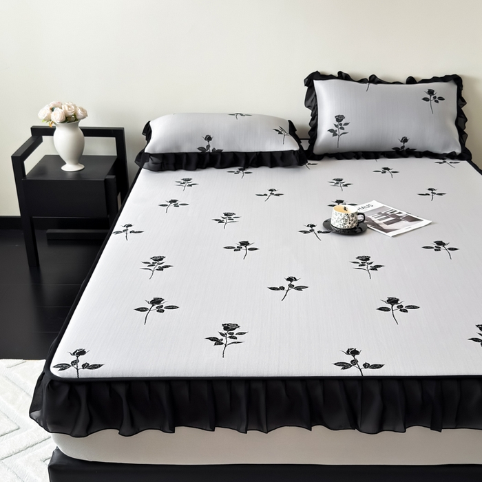 91家纺网 家纺一手货源 找家纺 （总）九花鹿 2025新款A类法式赫本风PE凉感提花冰丝凉席-床笠款