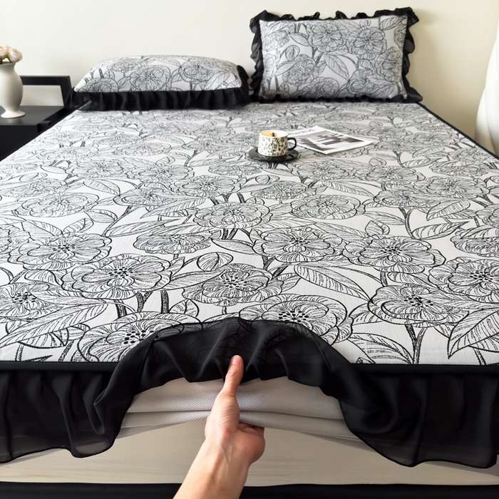 91家纺网 家纺一手货源 找家纺 九花鹿 2025新款A类法式赫本风PE凉感提花冰丝凉席-床笠款 床笠款-复古繁花