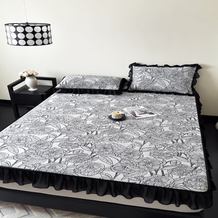 91家纺网 家纺一手货源 找家纺 九花鹿 2025新款A类法式赫本风PE凉感提花冰丝凉席-床笠款 床笠款-复古繁花