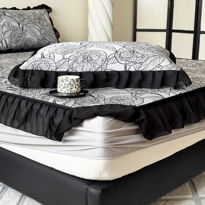 91家纺网 家纺一手货源 找家纺 九花鹿 2025新款A类法式赫本风PE凉感提花冰丝凉席-床笠款 床笠款-复古繁花