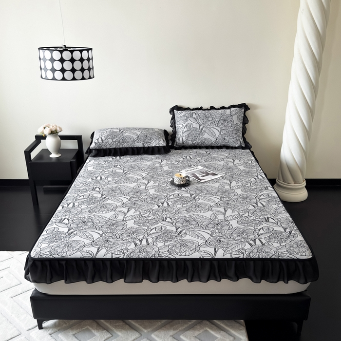 91家纺网 家纺一手货源 找家纺 九花鹿 2025新款A类法式赫本风PE凉感提花冰丝凉席-床笠款 床笠款-复古繁花