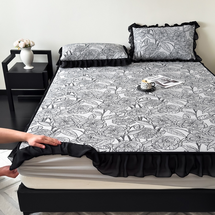 91家纺网 家纺一手货源 找家纺 九花鹿 2025新款A类法式赫本风PE凉感提花冰丝凉席-床笠款 床笠款-复古繁花