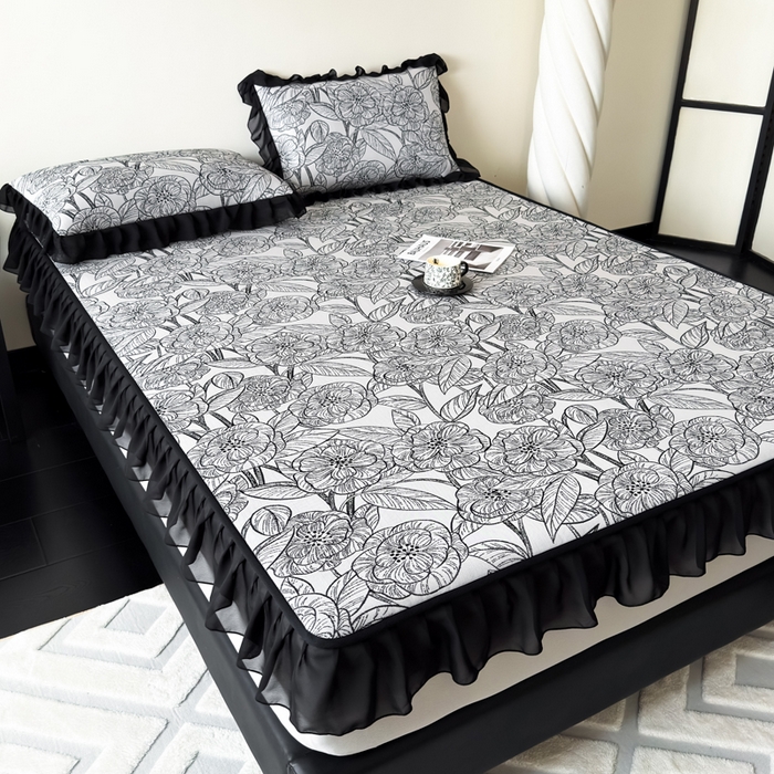 91家纺网 家纺一手货源 找家纺 九花鹿 2025新款A类法式赫本风PE凉感提花冰丝凉席-床笠款 床笠款-复古繁花