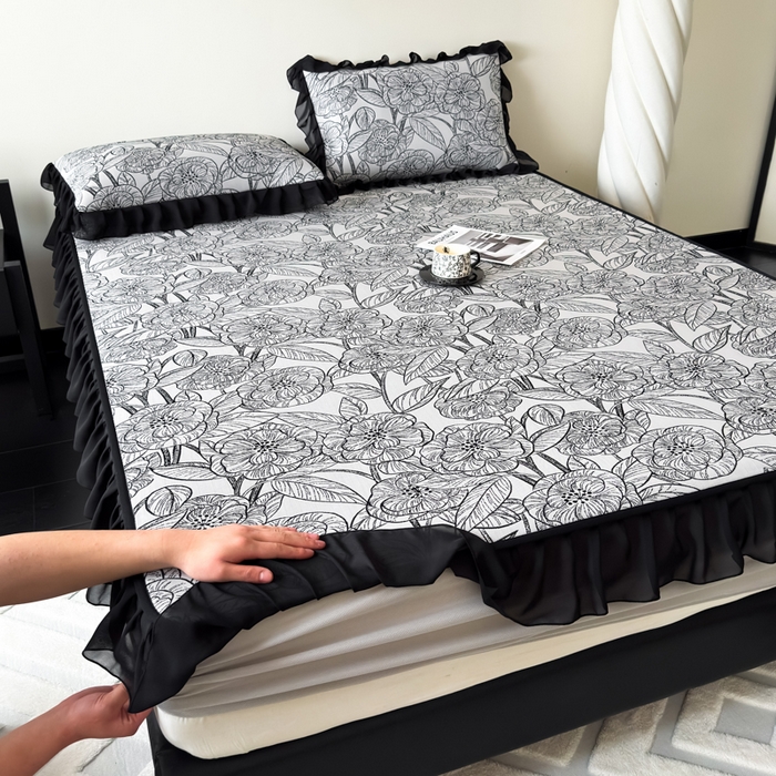 91家纺网 家纺一手货源 找家纺 九花鹿 2025新款A类法式赫本风PE凉感提花冰丝凉席-床笠款 床笠款-复古繁花