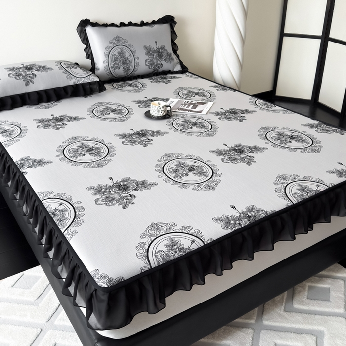 91家纺网 家纺一手货源 找家纺 九花鹿 2025新款A类法式赫本风PE凉感提花冰丝凉席-床笠款 床笠款-镜中花